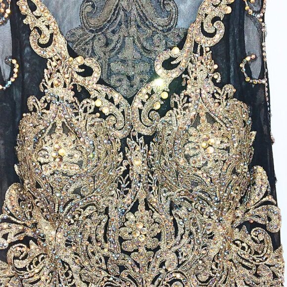 BLACK AND GOLD CRYSTAL EMBELLISHED SLEEVELESS EVENING GOWN PARTY DRESS - Picture 5 of 9